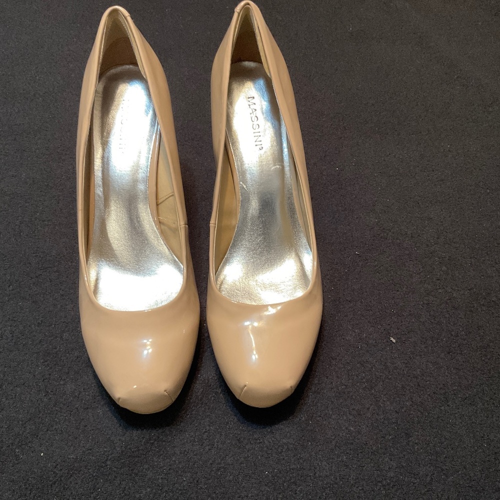 Shoes, tan patent leather heels